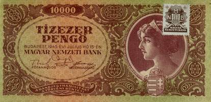 Billet hongrois de 10000 pengo L 866 / 038152 surcharg par timbre brun 3/4 - face