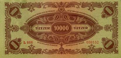 Billet hongrois de 10000 pengo L 866 / 038152 surcharg par timbre brun 3/4 - dos
