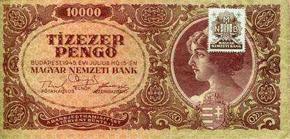 Billet hongrois de 10000 pengo L 874 / 090898 surcharg par timbre brun 3/4 - face