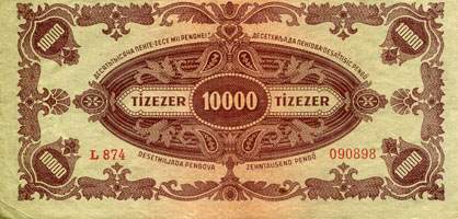 Billet hongrois de 10000 pengo L 874 / 090898 surcharg par timbre brun 3/4 - dos