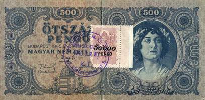 Billet hongrois de 500 pengo K 011 / 024377 surcharg par timbre de 50000 pengo avec cachet - face