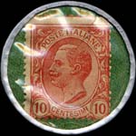 Timbre-monnaie de 10 centesimi rouge sur fond vert - The English Fashion Waterproofs - Impermeabili - Via Plinio 38 - Milano - Italie - revers