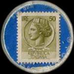 Timbre-monnaie de 50 lires sur fond bleu - Mercerie Arduino-Funaro - Torino - Italie - revers