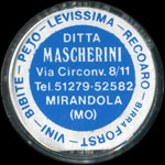 Timbre-monnaie de 100 lire sur fond rouge - Ditta Mascherini - via Circonv. - 8/11 Tel 51279.52582 - Mirandola (MO) - Vino - Bibite - Pejo - Levissima - Recoaro - Birra Forst - Italie - avers