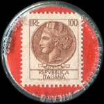 Timbre-monnaie de 100 lire sur fond rouge - Ditta Mascherini - via Circonv. - 8/11 Tel 51279.52582 - Mirandola (MO) - Vino - Bibite - Pejo - Levissima - Recoaro - Birra Forst - Italie - revers