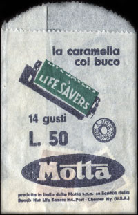 Timbre-monnaie 50 lire sous sachet papier imprimé - La caramella col buco - Life Savers - Motta / Caramelle di gomma Trill Motta - Italie - face