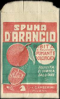 Timbre-monnaie 50 lire sous sachet papier imprimé - Spuma d'Arancio - Bibita in polvere spumante dolcificata - squisita economica salutare - Dott Gamberini - Milano - Italie - face