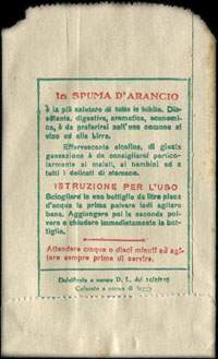 Timbre-monnaie 50 lire sous sachet papier imprimé - Spuma d'Arancio - Bibita in polvere spumante dolcificata - squisita economica salutare - Dott Gamberini - Milano - Italie - dos