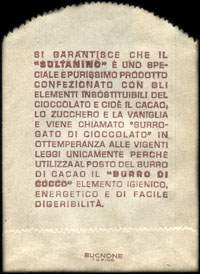 Timbre-monnaie 20 lire sous sachet papier imprimé - Sultanino - Marchio depositato - Via Vivaro, 22 - Alba - Italie - dos