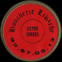 Monnaie publicitaire Boucherie Libache - 05700 Serres - 92.67.05.13. sur 10 francs Mathieu (imitation de Pile ou Pub)