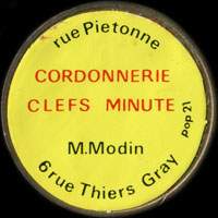 Monnaie publicitaire Rue pietonne - Cordonnerie Clefs Minute - M. Modin - 6 rue Thiers Gray - sur 10 francs Mathieu