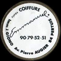 Monnaie publicitaire Emmanuel Coiffure - Imm. J. Giono - Av. Pierre Augier - 84 Pertuis - 90.79.52.51 - sur 10 francs Mathieu