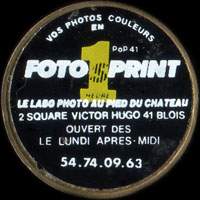 Monnaie publicitaire Foto Sprint - Le labo photo au pied du Château - 2 Square Victor Hugo - 41 Blois - Vos photos couleurs en 1 heure - Ouvert lundi après-midi - 54.74.09.63 - sur 10 francs Mathieu