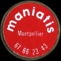 Monnaie publicitaire Maniatis - Montpellier - 67.66.23.43 - sur 10 francs Mathieu (imitation de Pile ou Pub)