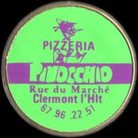 Monnaie publicitaire Pizzeria Pinocchio - Rue du March - Clermont-l'Hrault - 67.96.22.51 (vert) - sur 10 francs Mathieu (imitation de Pile ou Pub)