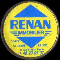 Monnaie publicitaire Renan Immobilier - G. Sfez - St-Denis 93200 - 31 Rue Ernest Renan - T. 48 20 05 37 (Type 2 avec caractères gras) - sur 10 francs Mathieu