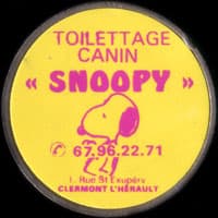 Monnaie publicitaire Toilettage canin  Snoopy  - 67.96.22.71 - 1, Rue St Exupry Clermont lHrault (jaune) - sur 10 francs Mathieu (imitation de Pile ou Pub)