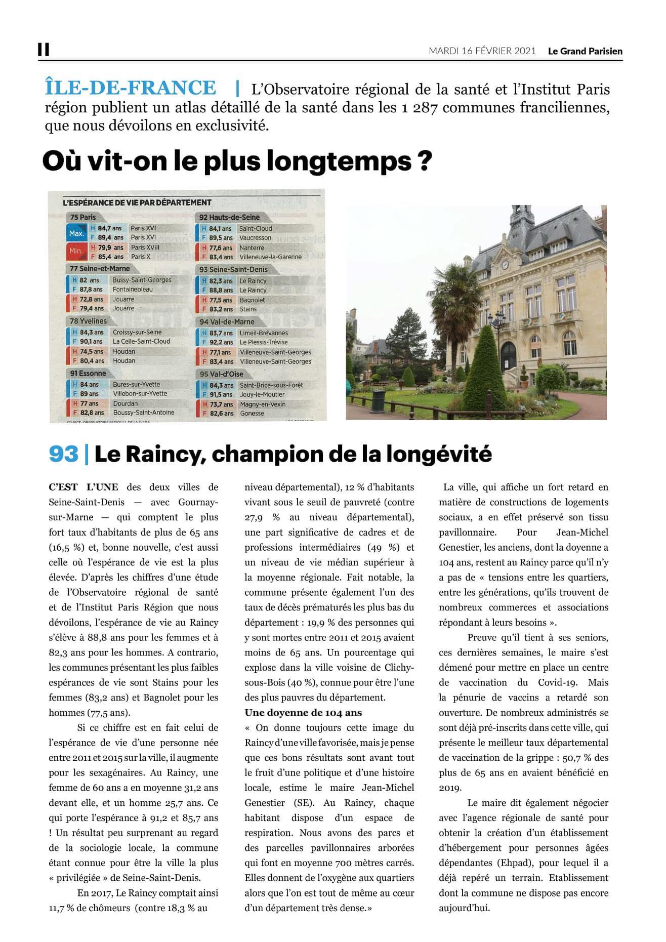 Le Parisien du 16 février 2021: Le Raincy, champion de la longevité dans le 93