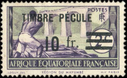 Timbre de 2 centimes type Rgion du Mayumb surcharg timbre pcule 10 francs pour le paiement des salaires en Afrique Equatoriale Franaise - neuf