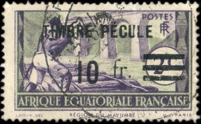 Timbre de 2 centimes type Rgion du Mayumb surcharg timbre pcule 10 francs pour le paiement des salaires en Afrique Equatoriale Franaise - oblitr