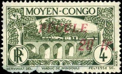 Timbre de 4 centimes type Viaduc de Mindouli surcharg� timbre p�cule 20 francs pour le paiement des salaires au Moyen-Congo (AEF) - neuf