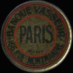 Timbre-monnaie Banque Vasseur - 166, Rue Montmartre - Paris - 25 centimes bleu sur fond noir vergé - avers