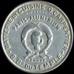 Timbre-monnaie Batterie de Cuisine G.Carpentier - Paris-Aluminium - 8, Bd du Temple - 5 centimes vert sur fond rouge - avers