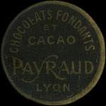 Timbre-monnaie Chocolat Payraud type 2 - Chocolats fondants et cacao - Payraud - Lyon - 5 centimes vert sur fond rouge - avers