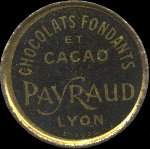 Timbre-monnaie Chocolat Payraud type 2 - Chocolats fondants et cacao - Payraud - Lyon - 10 centimes rouge sur fond bleu - avers