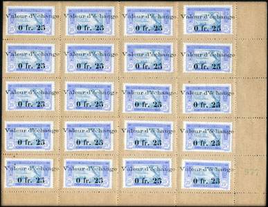 Timbre-monnaie Cte d'Ivoire - 25 centimes - page complte de 20 avec coin numrot 977