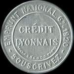 Timbre-monnaie Cr�dit Lyonnais type 3 - 10 centimes rouge sur fond bleu-vert - avers