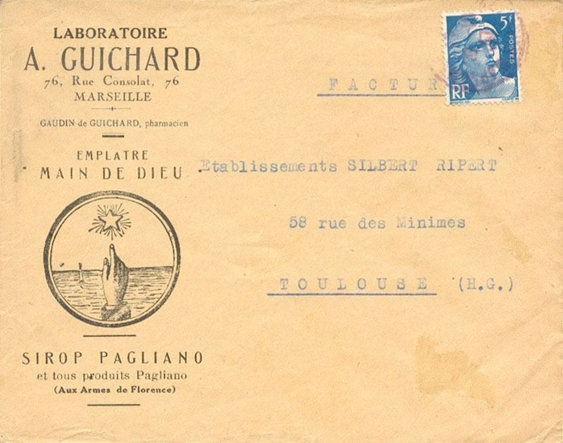 Enveloppe Laboratoire A. Guichard à Marseille - publicité Emplâtre de la Main de Dieu - sirop Pagliano