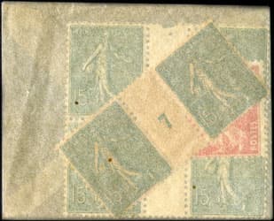 Timbre-monnaie Galeries Lafayette 1 franc (6 x 15 c. + 1 x 10 c.) sous pochette avec �tiquette de type 1b