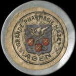 Timbre-monnaie Grande Pharmacie Mazet - Agen - 5 centimes vert sur fond dor�