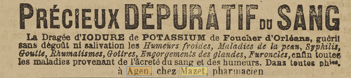 Apparition de la Pharmacie Mazet dans le Journal de Lot-et-Garonne du 16 mars 1877 - 1