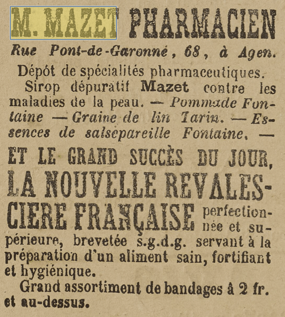 Apparition de la Pharmacie Mazet dans le Journal de Lot-et-Garonne du 16 mars 1877 - 2
