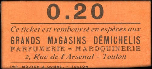 Timbre-monnaie Grands Magasins D�michelis � Toulon - 20 centimes lilas-brun sur carton orange - face