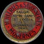 Timbre-monnaie Huileries & Savonneries Modernes - Savon Notre-Dame de l'Océan 72% Desmarais Frères - 5 centimes orange sur fond pêche vergé - avers