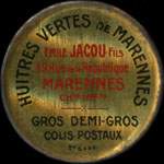 Timbre-monnaie Huîtres Vertes de Marennes E. Jacou - 5 centimes orange sur fond rouge - avers