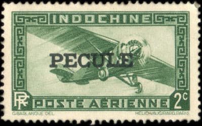 Timbre de 2 cents type Avion surcharg pcule pour le paiement des salaires en Indochine