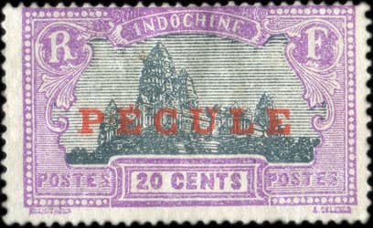 Timbre de 20 cents type Ankor Vat surcharg pcule pour le paiement des salaires en Indochine