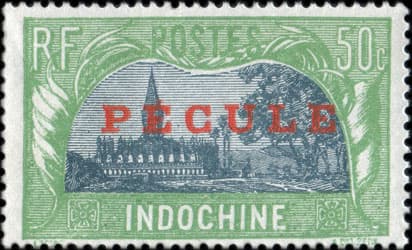 Timbre de 50 cents type Pha That Luang Temple surcharg pcule pour le paiement des salaires en Indochine