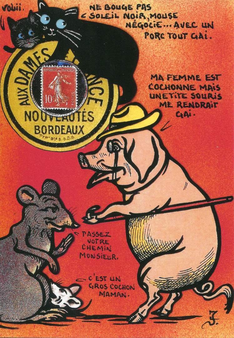 Exemple 1127 de carte postale signée Jacques Lardie dit Jihel utilisant le timbre-monnaie Aux Dames de France nouveautés Bordeaux comme illustration