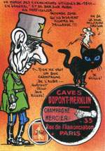 Carte postale signée Jacques Camille Lardie dit Jihel utilisant le timbre-monnaie Caves Dupont-Merklin comme illustration