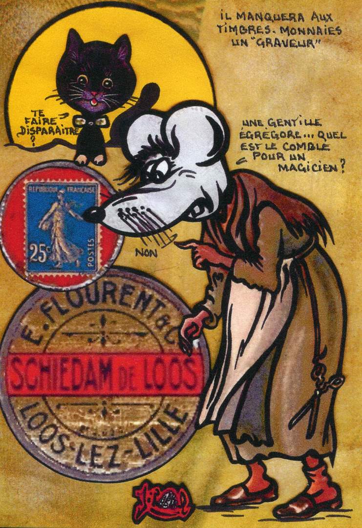 Exemple 213 de carte postale signe Jacques Lardie dit Jihel ou JL utilisant le timbre-monnaie Schiedam de Loos - E.Flourent & Cie - Loos-Lez-Lille - comme illustration