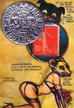Exemple 214 de carte postale signée Jacques Lardie dit Jihel ou JL utilisant le timbre-monnaie Vins Louis Andrieu comme illustration