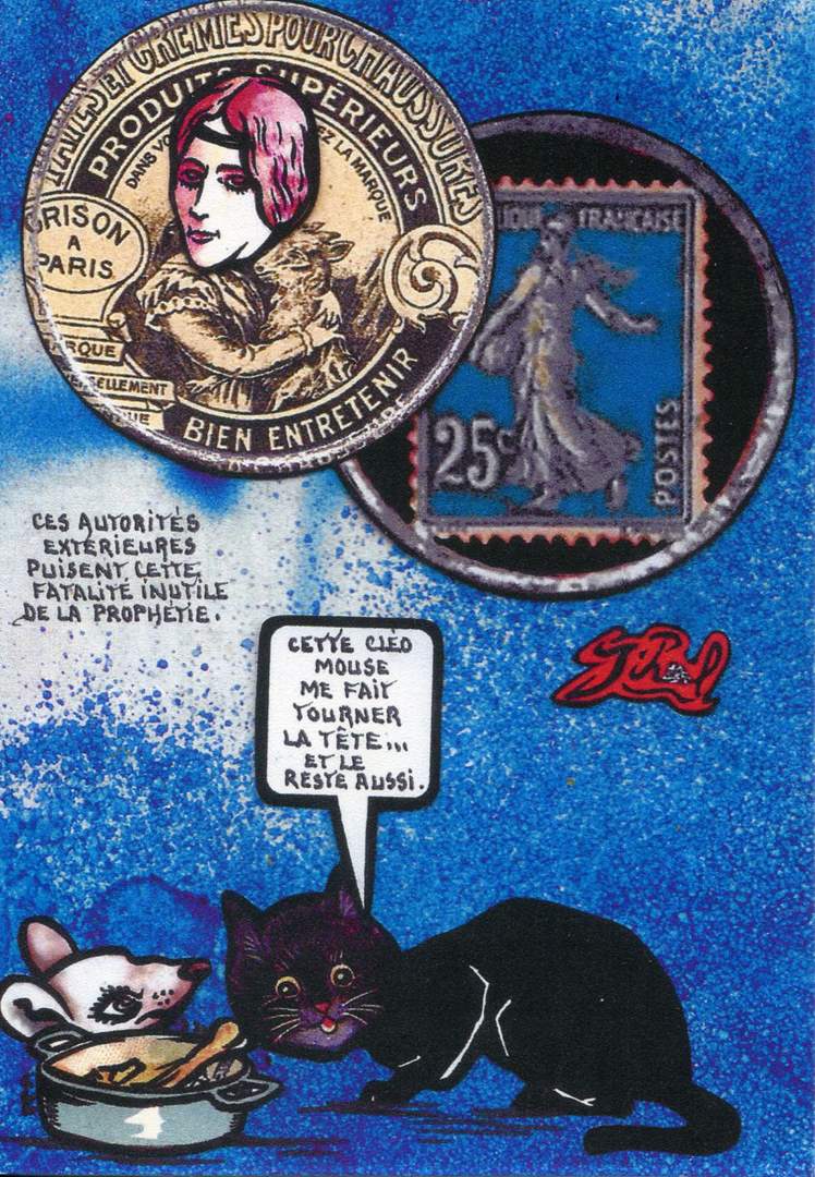 Exemple 267 de carte postale signée Jacques Lardie dit Jihel utilisant le timbre-monnaie Grison Crème comme illustration