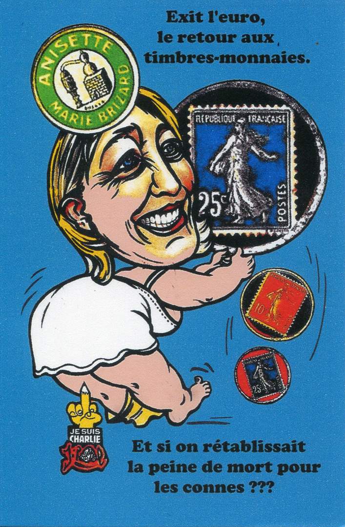 Exemple 269 de carte postale signée Jacques Lardie dit Jihel utilisant le timbre-monnaie Anisette Marie Brizard comme illustration