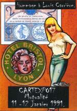 Exemple 288 de carte postale signée Jacques Lardie dit Jihel utilisant le timbre-monnaie Hôtel Bristol - Lyon - Rhône - comme illustration