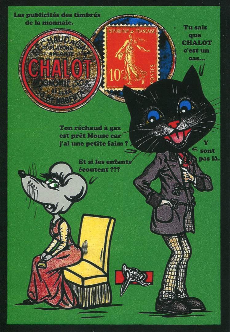 Exemple 411 de carte postale signée Jacques Lardie dit Jihel ou JL utilisant le timbre-monnaie Réchaud à gaz Chalot comme illustration